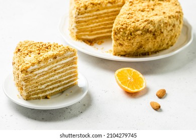 Almond Honey Cake On Plate. Space For Text.