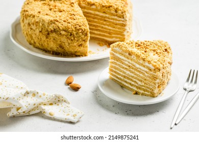 Almond Honey Cake On Plate. Space For Text.