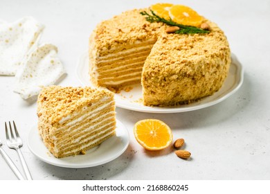 Almond Honey Cake Sour Cream Frosting On Plate. Space For Text.