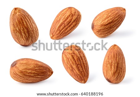Almond isolated. Nuts on white background. Collection. Clipping path included. Full depth of field.
