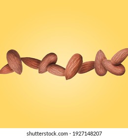 Almond kernels float horizontally in a row on a yellow close-up. Creative composition of flying food. Square format.