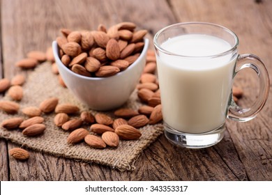 Almond Milk In Glass With Almonds