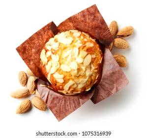 Almond Muffin In Brown Paper Isolated On White Background, Top View