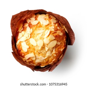 Almond Muffin In Brown Paper Isolated On White Background, Top View