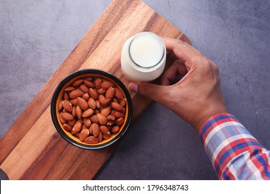  Almond Nut And Milk On Table Top Down