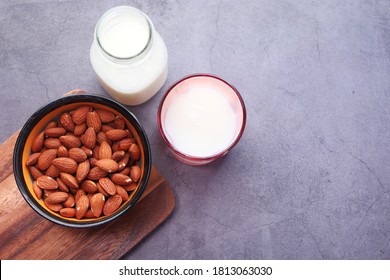  Almond Nut And Milk On Table Top Down