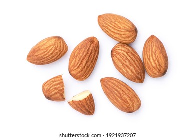 Almond nuts isolated on white background. Top view. Flat lay.