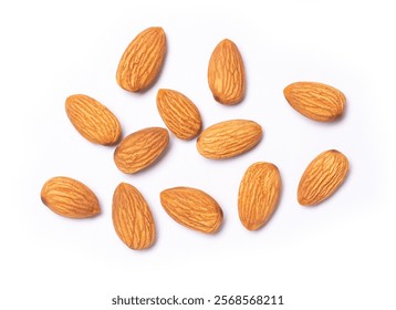 Almond nuts isolated on white background. Top view.