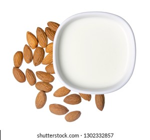 Almond Nuts Milk On White Background Isolation, Top View