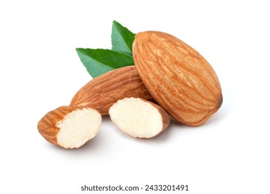 Almond nuts with slice isolated on white background. 