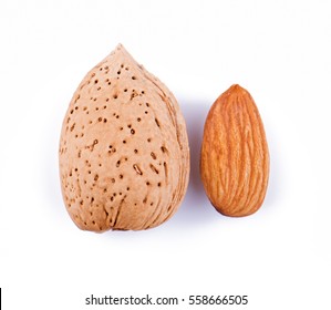 Almond with nutshell isolated on white background.
