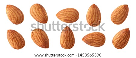 almond raw piece collection set.almond full macro shoot nuts healthy food ingredient on white isolated .Clipping path Suitable for package