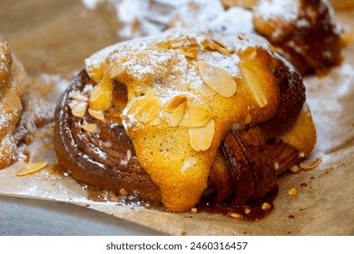 Almond scones - traditional British baked good, popular in the United Kingdom and Ireland, tea buns make with yeast with different toppings, close up - Powered by Shutterstock