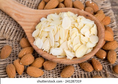 Almond Slices In  A Wooden Spoon