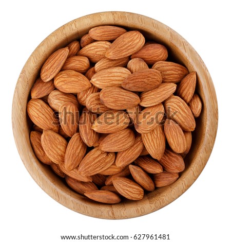 Almond in wooden bowl isolated on white background. Top view