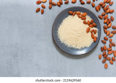 Almonds And Almond Flour. Alternative Type Of Flour Containing Net Carbs, Keto Diet Concept, Gluten Free Flour.