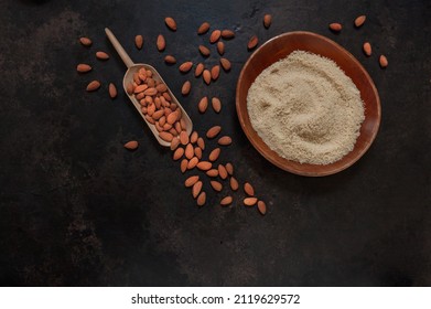 Almonds And Almond Flour. Alternative Type Of Flour Containing Net Carbs, Keto Diet Concept, Gluten Free Flour.