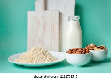 Almonds, Almond Milk And Almond Flour. Alternative Type Of Flour Containing Net Carbs, Gluten Free Flour, Lactose Free Milk, Keto Diet Concept
