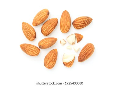 almonds with broken isolated on white background , Top view , flat lay.