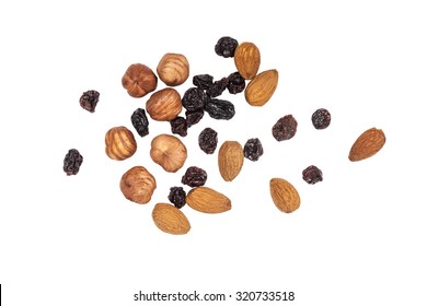 Almonds, Hazelnut And Raisins Top View Isolated