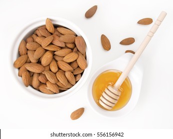 Almonds And Honey Overhead Shot Isolated On White