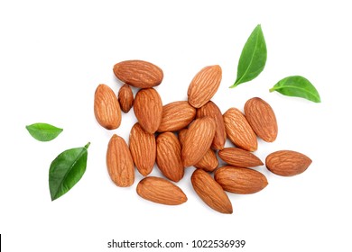 almonds with leaves isolated on white background. Top view. Flat lay