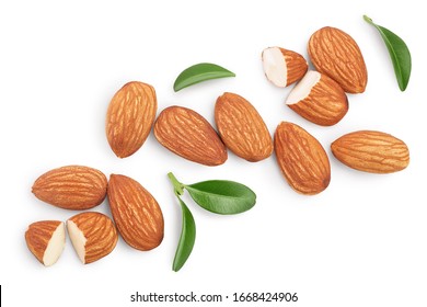 Almonds nuts with leaves isolated on white background with clipping path and full depth of field. Top view. Flat lay