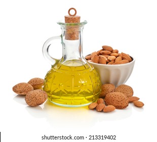Almonds oil in bottle isolated on white background