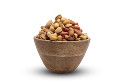 Almonds, Pistachio And Cashew Peanuts
 In A Wooden Bowl Isolated On White . Mixed Nuts Isolated 