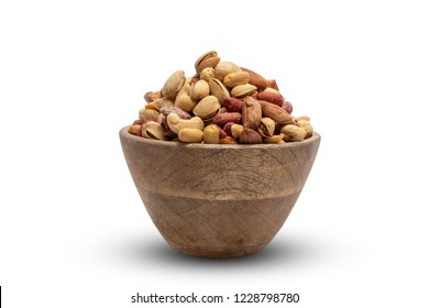 Almonds, Pistachio and Cashew peanuts
 in a wooden bowl isolated on white . mixed nuts isolated 