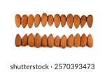 Almonds in a row isolated, nut line, whole almond seeds border, brown scattered fruit kernels, dry raw nuts on white background top view