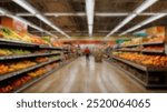 An almost empty grocery store aisle with bright produce neatly displayed. Clean, organized supermarket environment, perfect for retail or food shopping themes