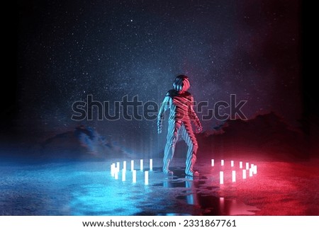 Almost Human. Strange Futuristic spaceman illuminated by red and blue lights at night. 3D Illustration.