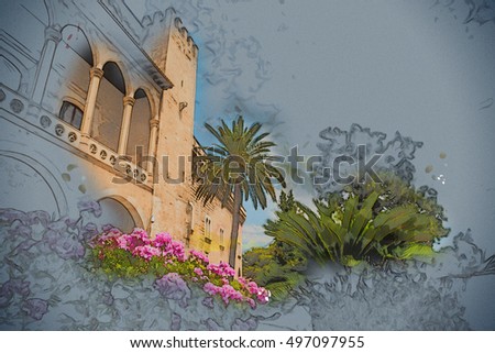 Almudaina palace with blooming pink flowers against blue sky and clouds, Palma de Mallorca, Balearic islands, Spain. Modern painting, background illustration.