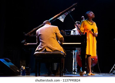 ALMUNECAR, SPAIN - JULY 17, 2018: XXXI International Jazz Festival, Jazz En La Costa. Cecile McLorin Salvant, Vocal. Sullivan Fortner, Piano. Paul Sikivie, Bass.  Kyle Poole, Drums.