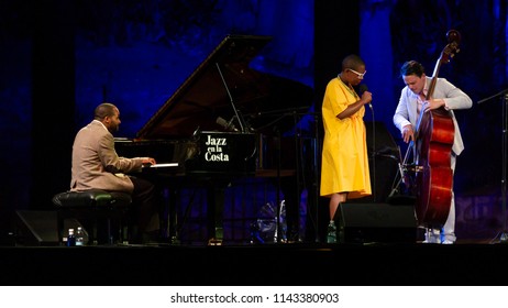 ALMUNECAR, SPAIN - JULY 17, 2018: XXXI International Jazz Festival, Jazz En La Costa. Cecile McLorin Salvant, Vocal. Sullivan Fortner, Piano. Paul Sikivie, Bass.  Kyle Poole, Drums.
