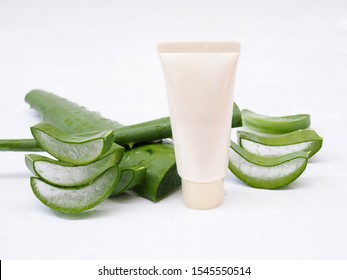 Aloe Vera And Cream Tube Skincare Gel For Beauty Isolated On White Background.