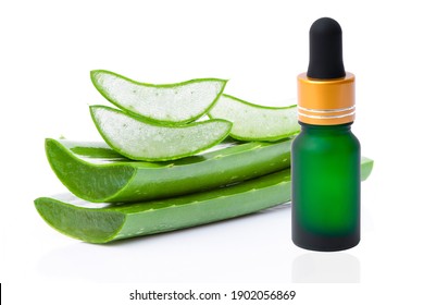 Aloe vera essential oil gel with fresh aloevera leaf and slice isolated on white background. 