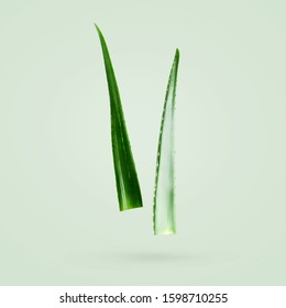 Aloe vera fresh leaf and pieces isolated on a green mint background. Healthy skincare ingredients for ad cosmetology mockup. Levitation concept for Ad.