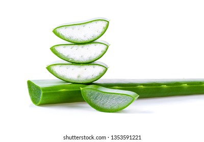 Aloe vera fresh leaves with slices on white background. full depth of field