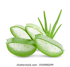 Aloe vera fresh leaves with slices on white background. full depth of field 