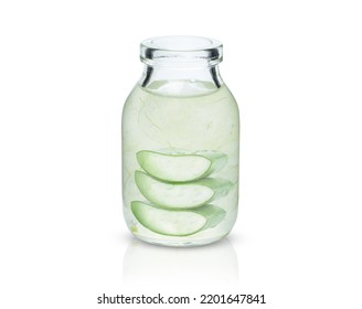 Aloe Vera Gel With Aloevera Plant In Glass Bottle Isolated On White Background.