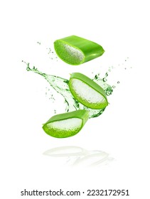 Aloe Vera isolated on white background. Leaf of Aloe Vera plant and splash of juice or gel. Natural essence for herbal beauty products, cosmetology, dermatology, naturopathic medicine.