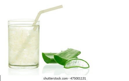 Aloe vera juice in glass isolated on white background with space for text and logo..
