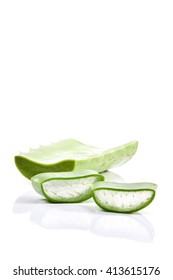 Aloe Vera Leaf And Slice Isolated On White Background, Fresh Aloe Vera Is Natural Remedy For Sunburn Relief And Cure Many Things.