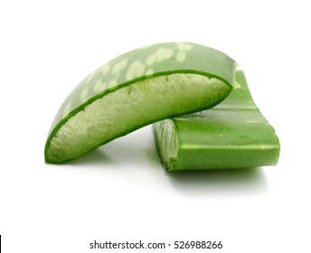 Aloe Vera Leaf And Slice Isolated On White Background, Fresh Aloe Vera Is Natural Remedy For Sunburn Relief And Cure Many Things.