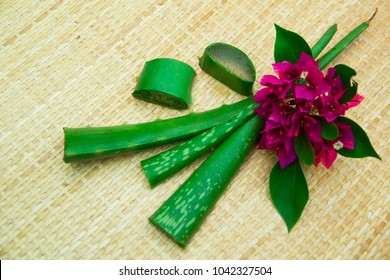 Aloe Vera Leaf And Slice On Wooden Background, Fresh Aloe Vera Is Natural Remedy For Sunburn Relief And Cure Many Things.