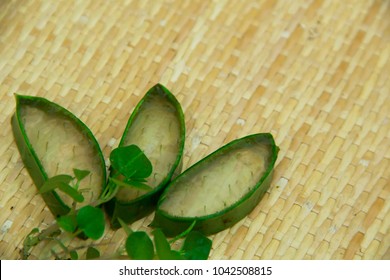 Aloe Vera Leaf And Slice On Wooden Background, Fresh Aloe Vera Is Natural Remedy For Sunburn Relief And Cure Many Things.