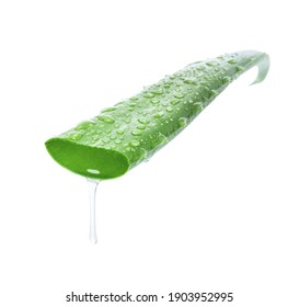 Aloe Vera Leaf With Water Drops And Aloe Gel Dripping Isolated On White Background.