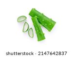 Aloe vera leaves has water drop with slices isolated on white background , top view , flat lay , herb skin care.